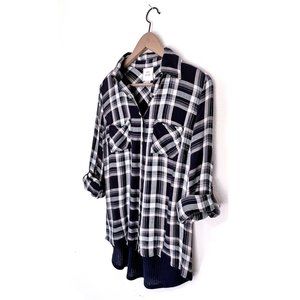 Knox Rose Plaid Front Navy Thermal Long Sleeve Shirt, Size XS